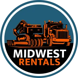A semi truck hauling an excavator with the text 'Midwest Rentals' below